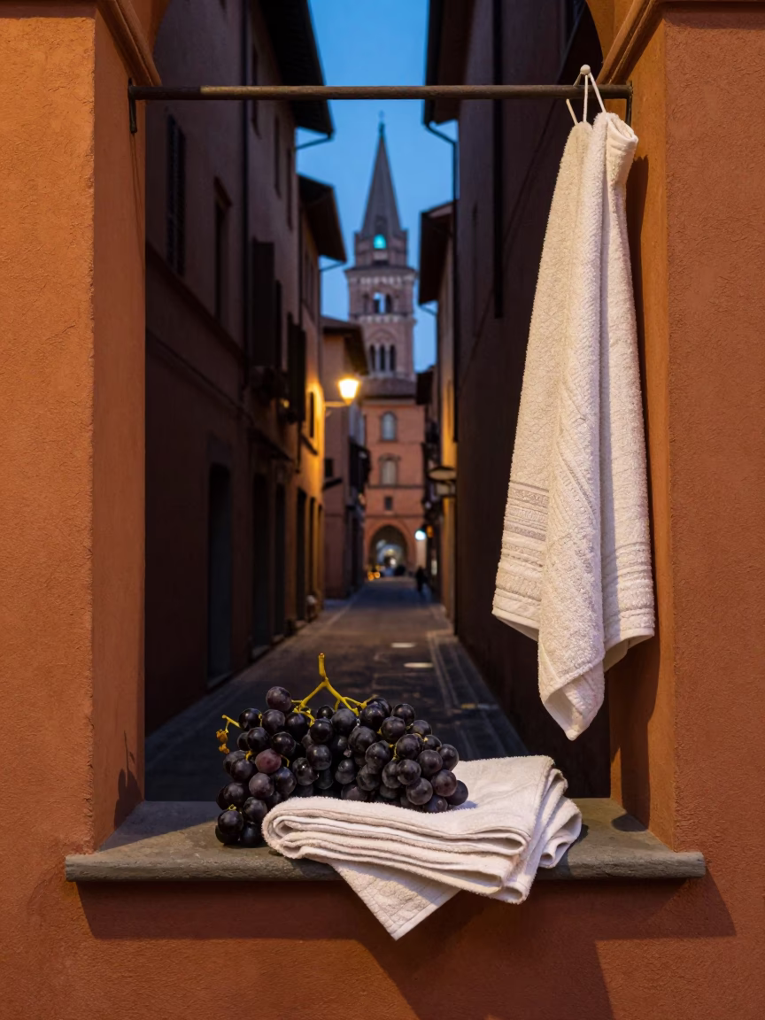 Evening Street Scene in Bologna Italy with Grapes and Towels Hanging in in Bologna, Italy