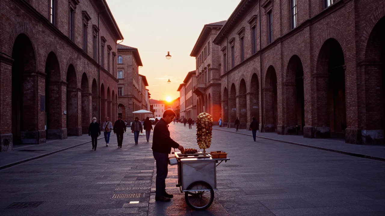 Evening Street Scene in Bologna Italy with Grilled Kebab Vendor and Traditional Architecture in in Bologna, Italy