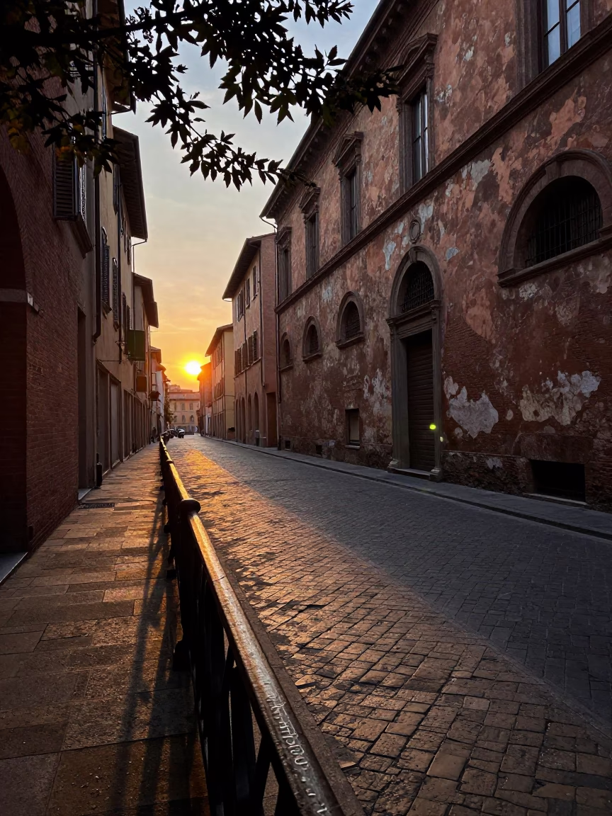 Evening Street Scene in Bologna Italy with Leaf Shadows and Weathered Railings in in Bologna, Italy