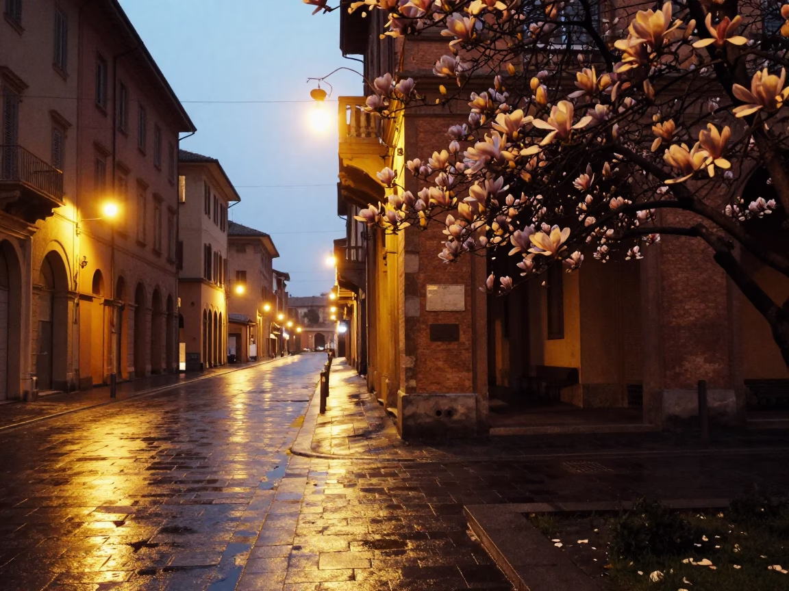 Evening Street Scene in Bologna Italy with Magnolia Bloom and Urban Details in in Bologna, Italy