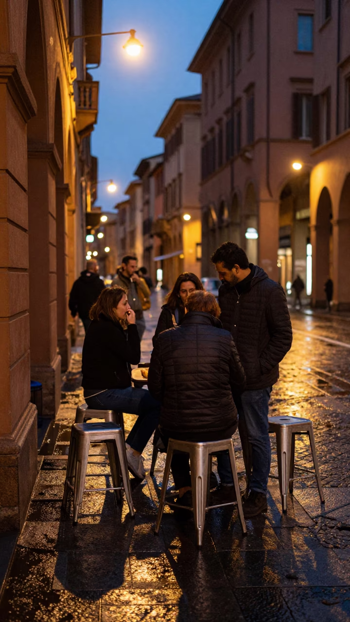 Evening Street Scene in Bologna Italy with Metal Stools and Cannoli Dessert in in Bologna, Italy