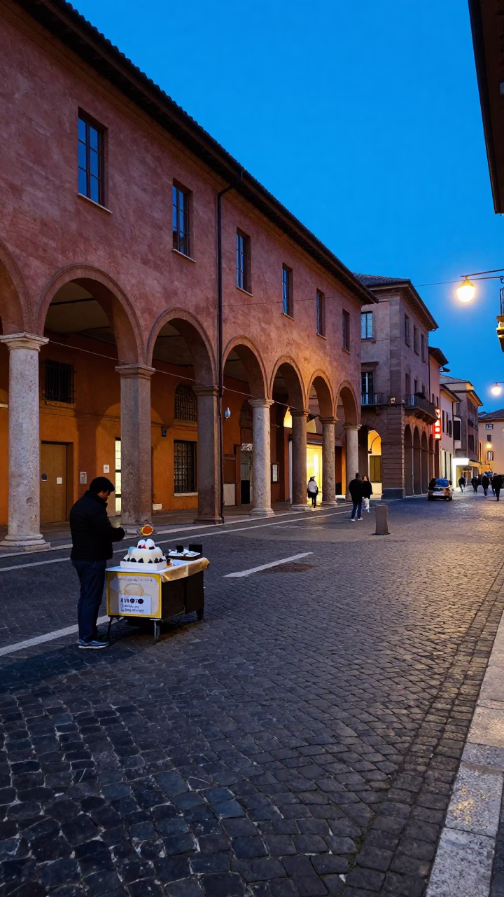 Evening Street Scene in Bologna Italy with Mochi Dessert and Cobblestone Architecture in in Bologna, Italy