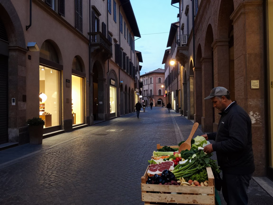 Evening Street Scene in Bologna Italy with Olive Wood Spoon and Amaryllis Bulb in in Bologna, Italy