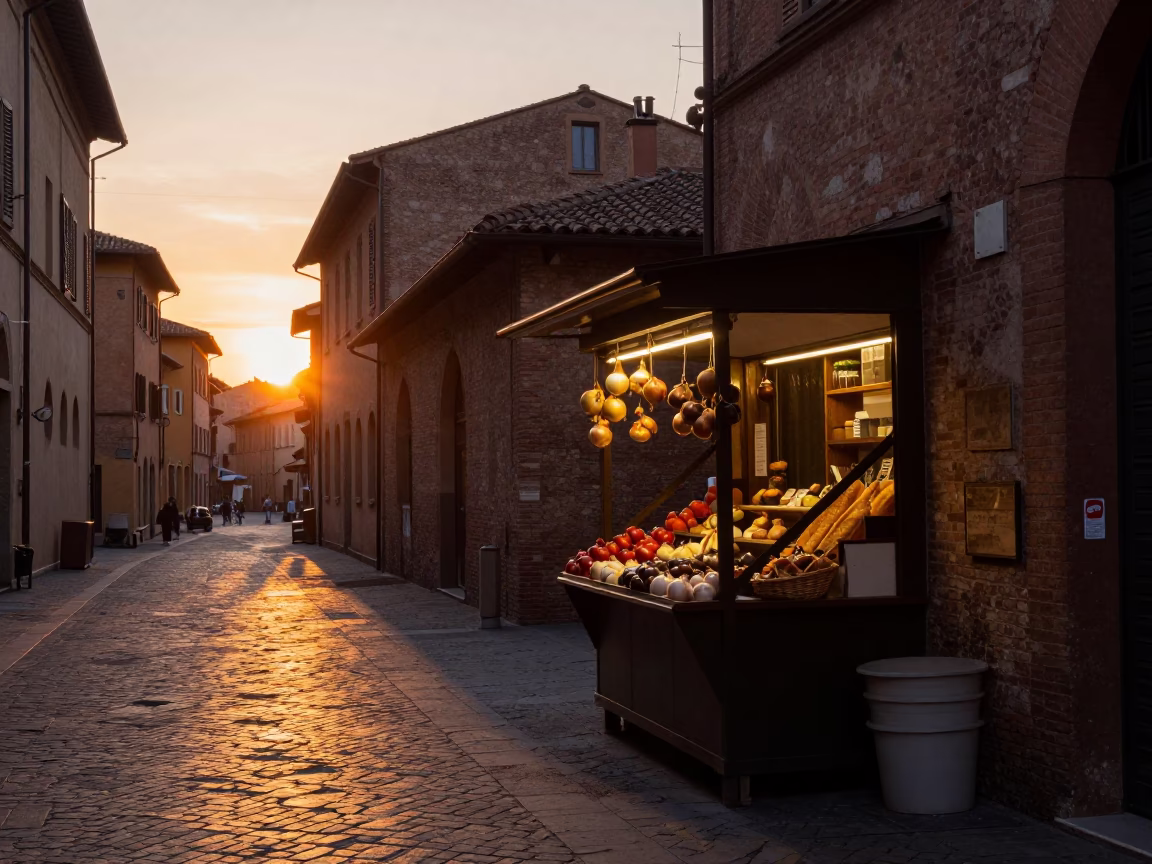 Evening Street Scene in Bologna Italy with Onions and Bread Basket in in Bologna, Italy
