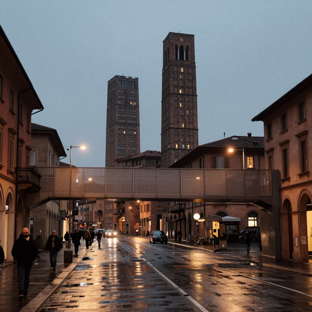 Evening Street Scene in Bologna Italy with Pedestrian Overpass and Wet Footsteps in in Bologna, Italy