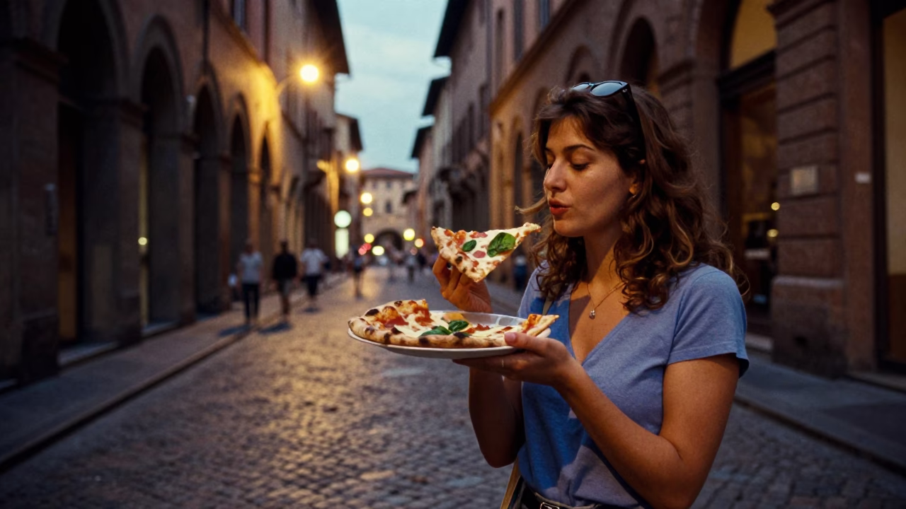 Evening Street Scene in Bologna Italy with Pizza Slice and Neon Lights in in Bologna, Italy