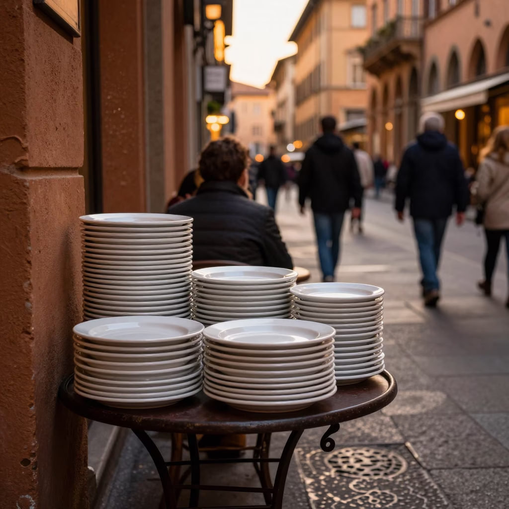 Evening Street Scene in Bologna Italy with Stacked Plates and Local Dining Culture in in Bologna, Italy