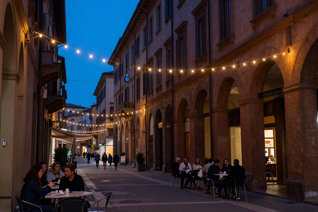 Evening Street Scene in Bologna Italy with String Lights and Local Dining in in Bologna, Italy