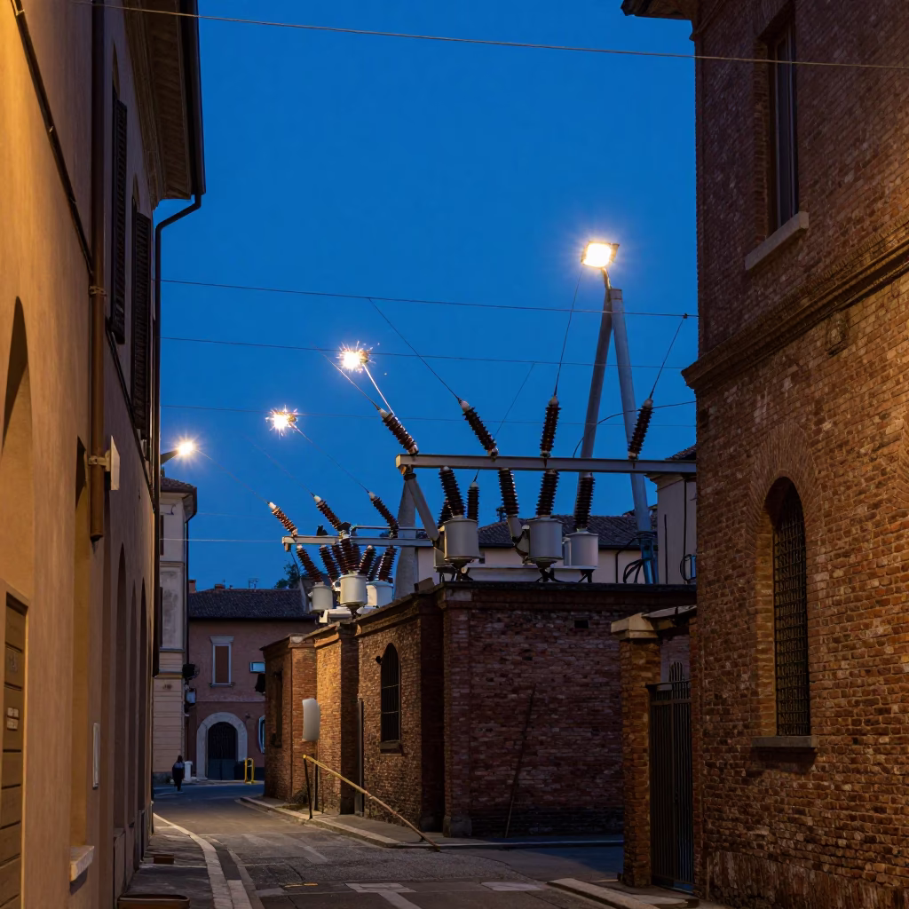 Evening Street Scene in Bologna Italy with Substation Insulators Sparkling Under Floodlights in in Bologna, Italy