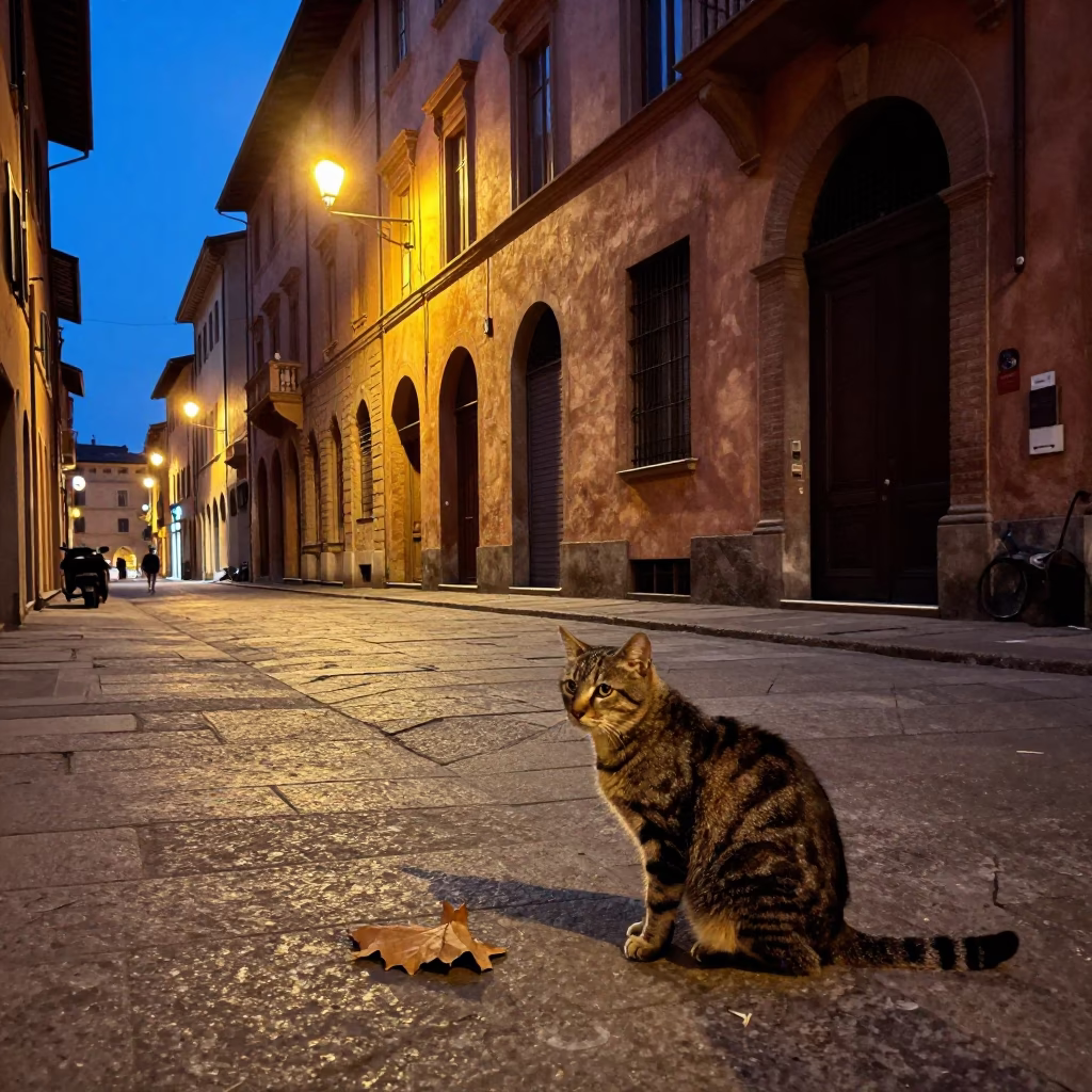 Evening street scene in Bologna Italy with tabby cat and leaf shadows in in Bologna, Italy