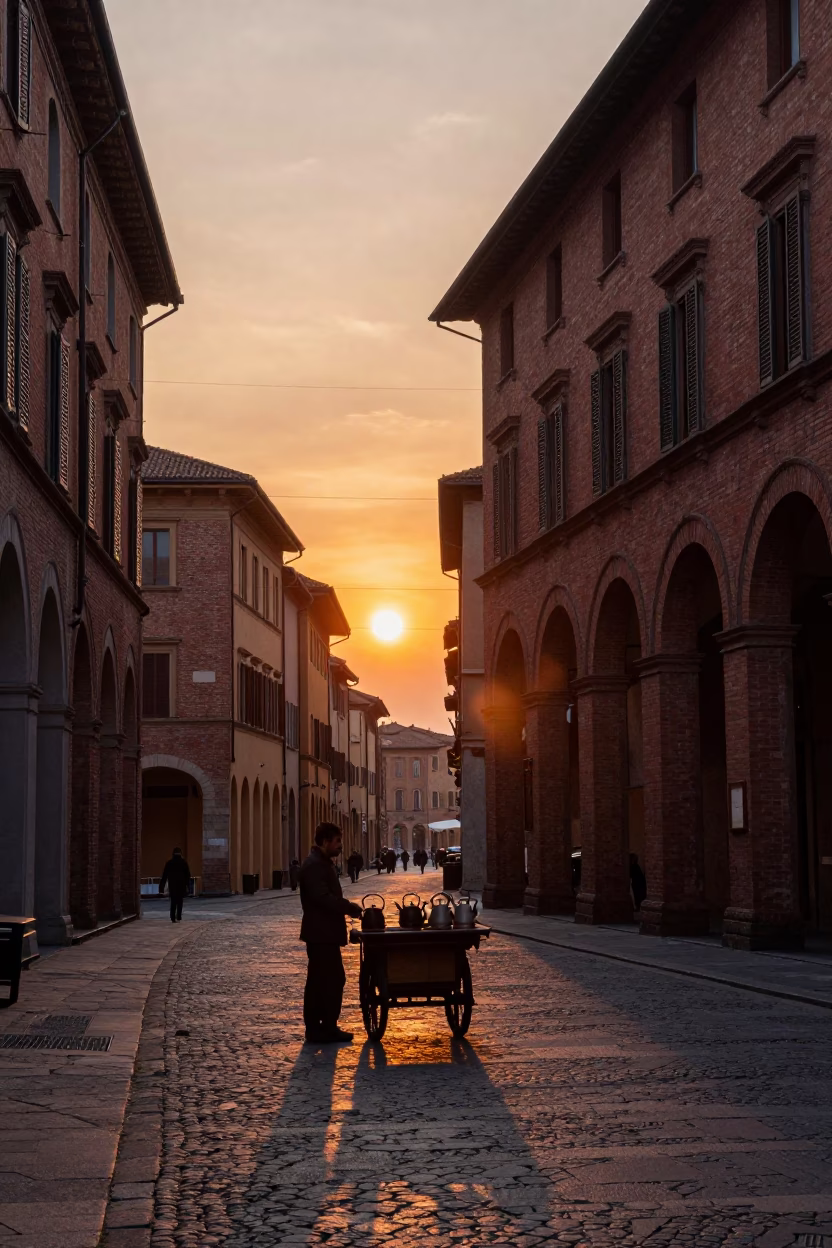 Evening Street Scene in Bologna Italy with Tea Kettles and Historic Architecture in in Bologna, Italy