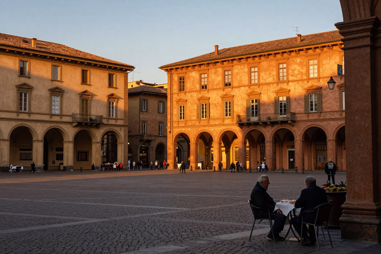 Evening Street Scene in Bologna Italy with Traditional Food and Local Life in in Bologna, Italy