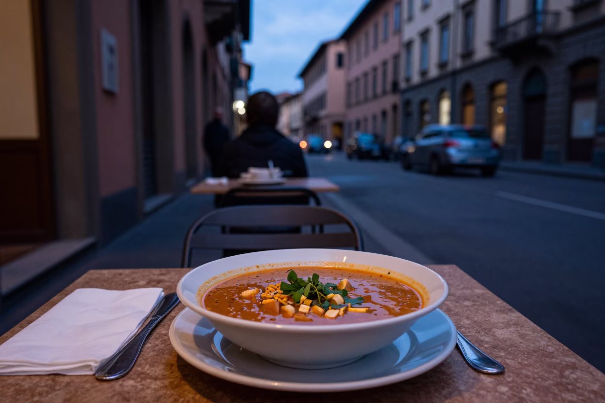 Evening Street Scene in Bologna Italy with Traditional Ribollita Soup and Local Dining in in Bologna, Italy