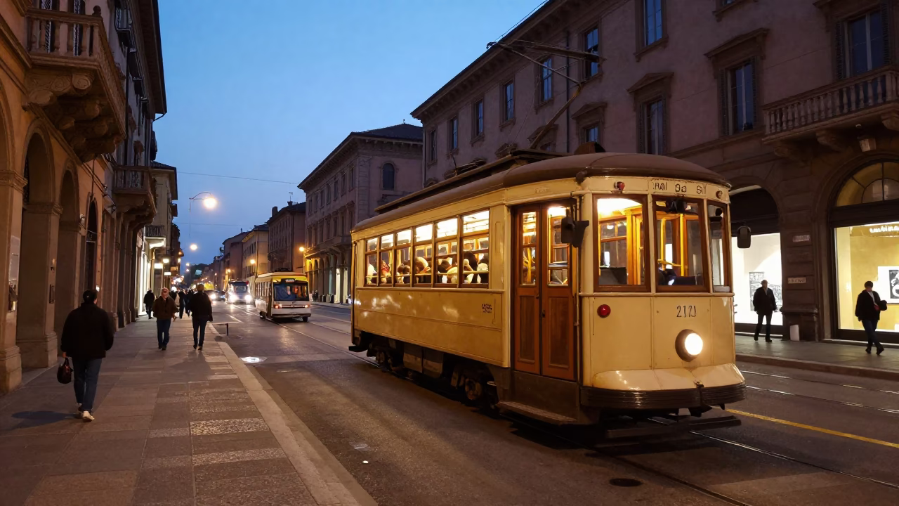 Evening Street Scene in Bologna Italy with Traditional Trams and Local Dining in in Bologna, Italy