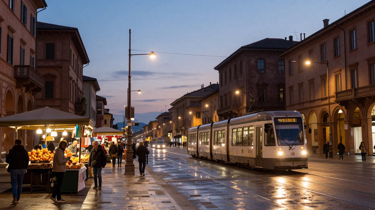 Evening Street Scene in Bologna Italy with Tram and Local Market Activity in in Bologna, Italy