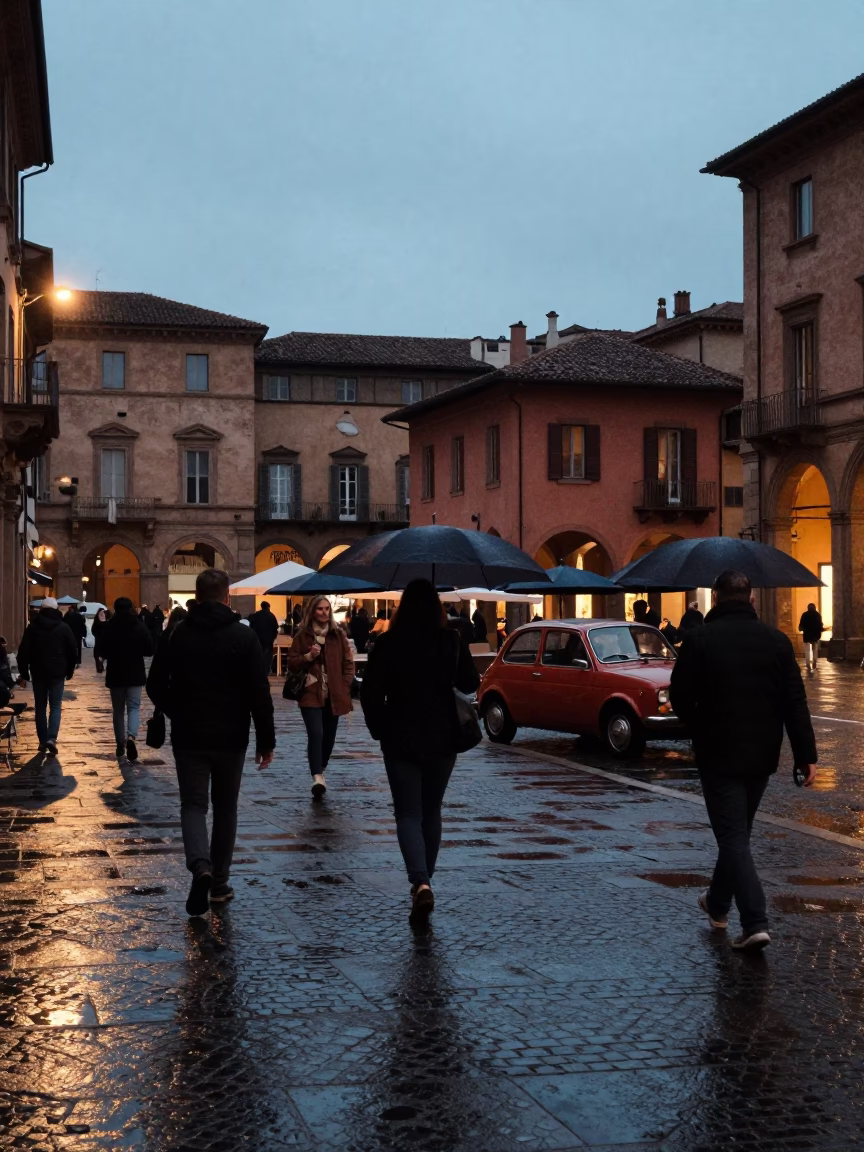 Evening Street Scene in Bologna Italy with Umbrellas and Vintage Car Headlights in in Bologna, Italy