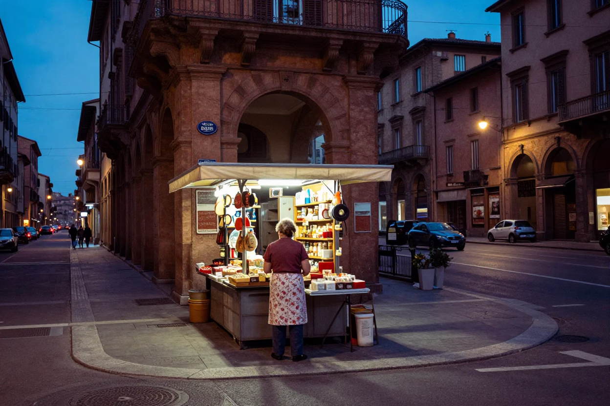 Evening Street Scene in Bologna Italy with Vintage 1970s Aesthetic and Local Life in in Bologna, Italy