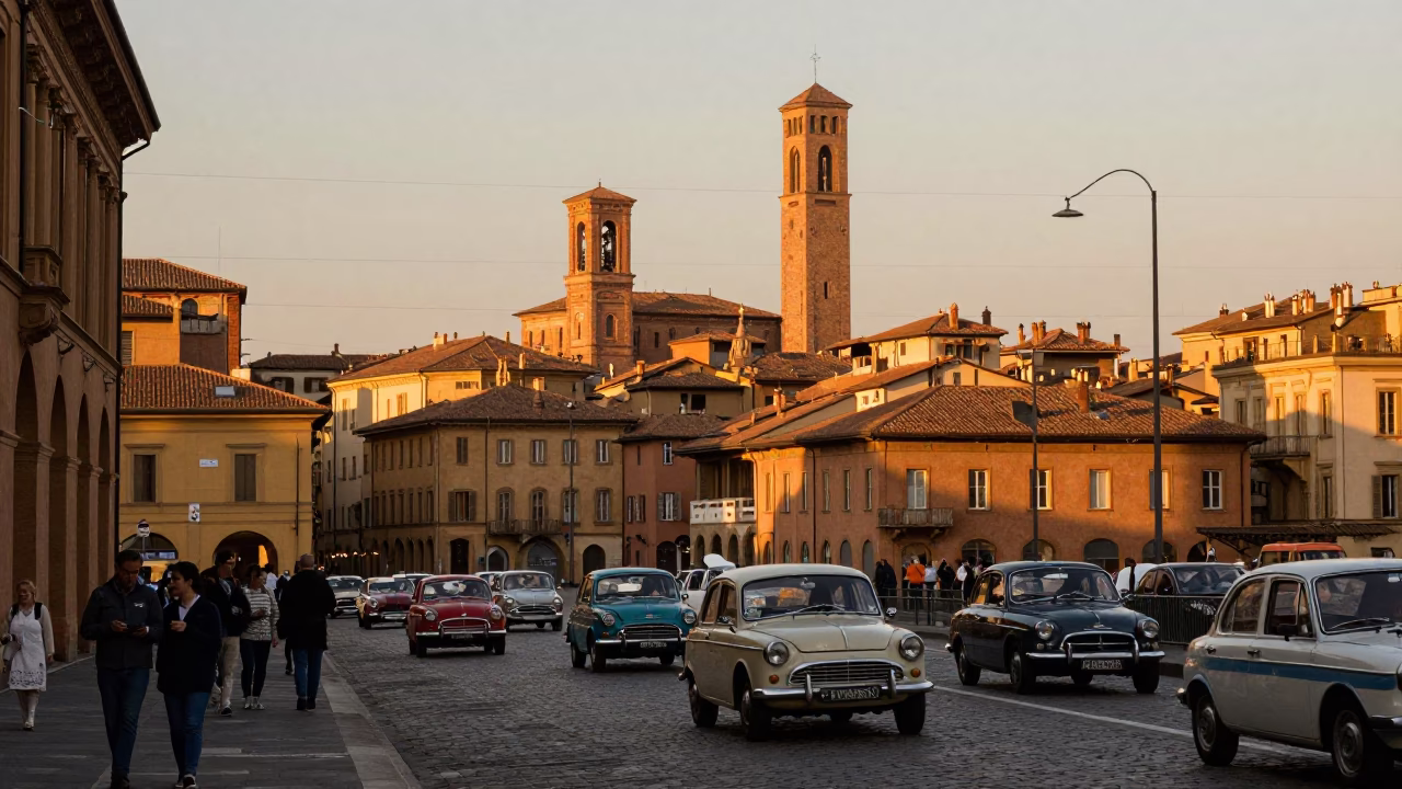 Evening Street Scene in Bologna Italy with Vintage Car Rally and Local Life in in Bologna, Italy