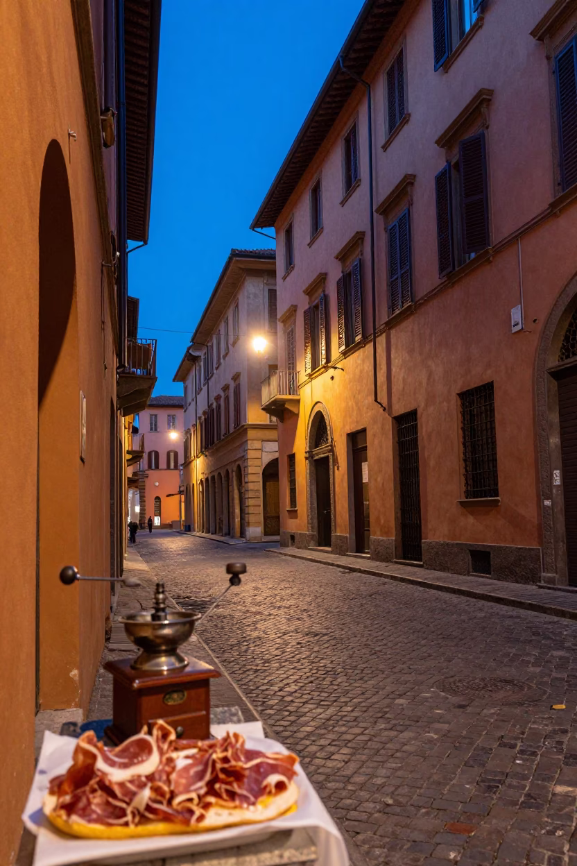 Evening Street Scene in Bologna Italy with Vintage Coffee Grinder and Candlelight in in Bologna, Italy