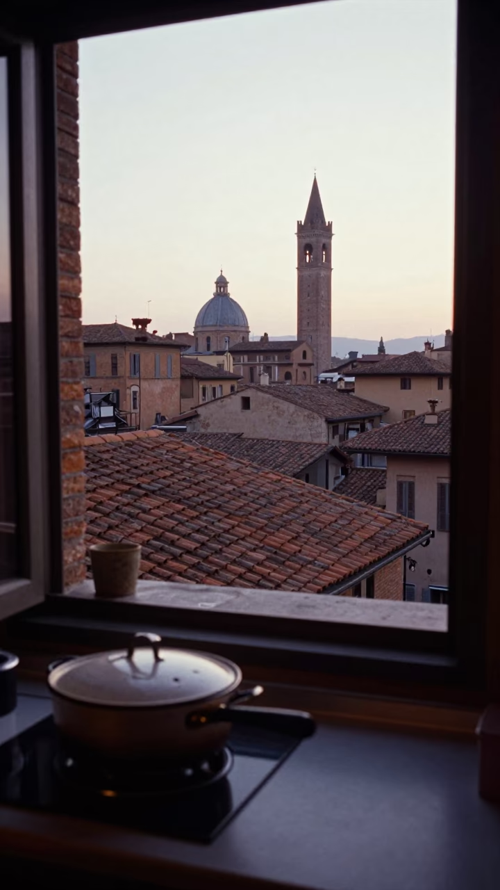 Evening Street Scene in Bologna Italy with Vintage Saucepan and Clear Glass Tile in in Bologna, Italy