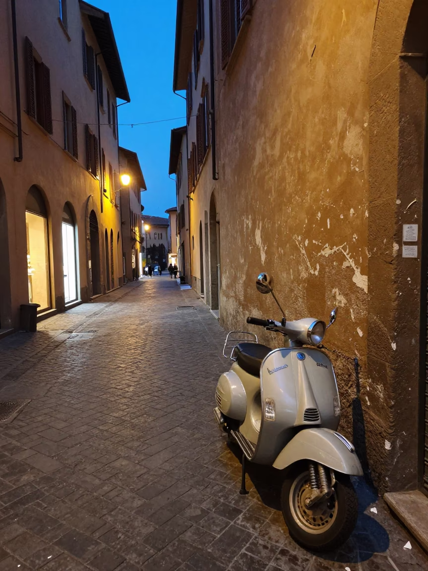 Evening Street Scene in Bologna Italy with Vintage Scooter and Local Shop in in Bologna, Italy