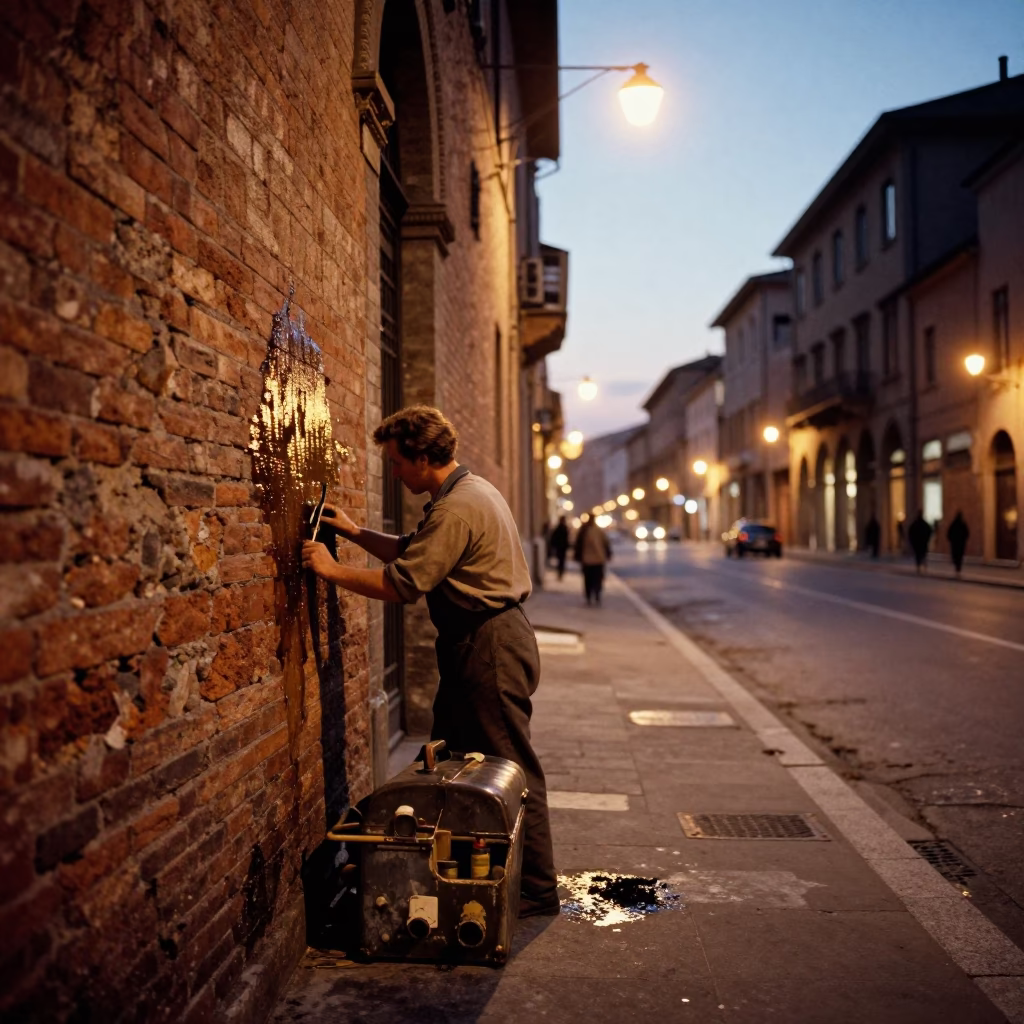 Evening Street Scene in Bologna Italy with Vintage Toolbox and Grease Stained Wall in in Bologna, Italy