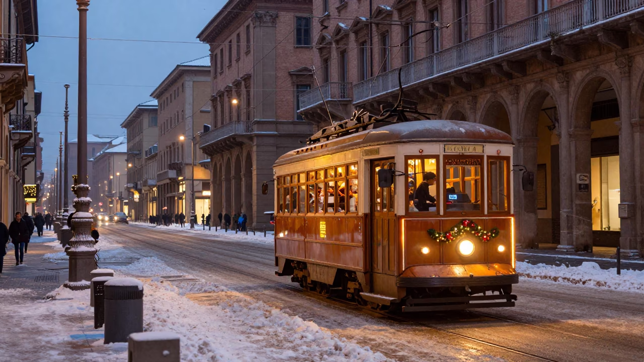 Evening Street Scene in Bologna Italy with Vintage Tram and Historic Architecture in in Bologna, Italy