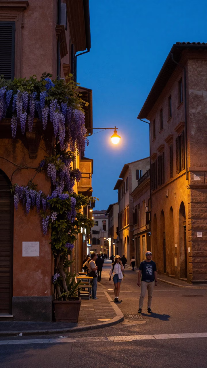 Evening Street Scene in Bologna Italy with Wisteria and Local Life in in Bologna, Italy