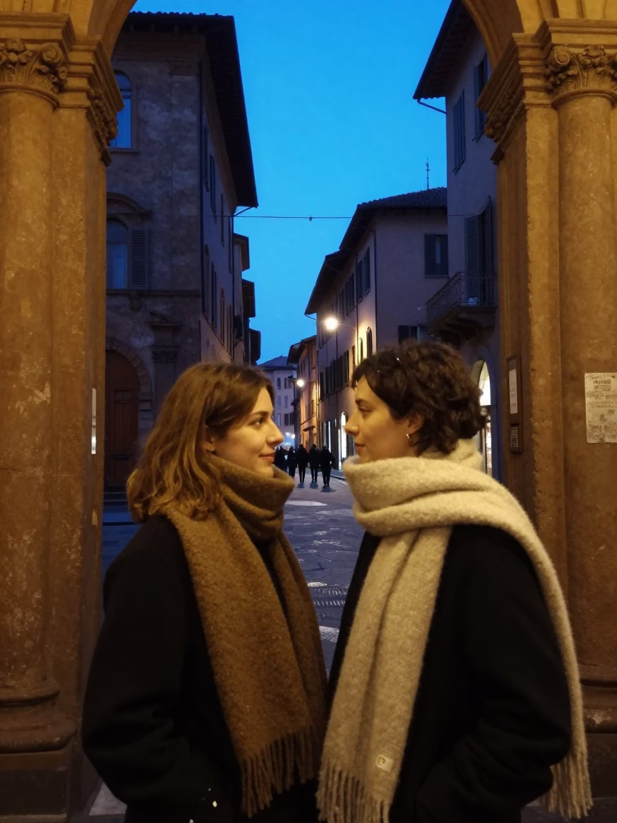 Evening Street Scene in Bologna Italy with Wool Scarves and Vintage Majolica Plate in in Bologna, Italy