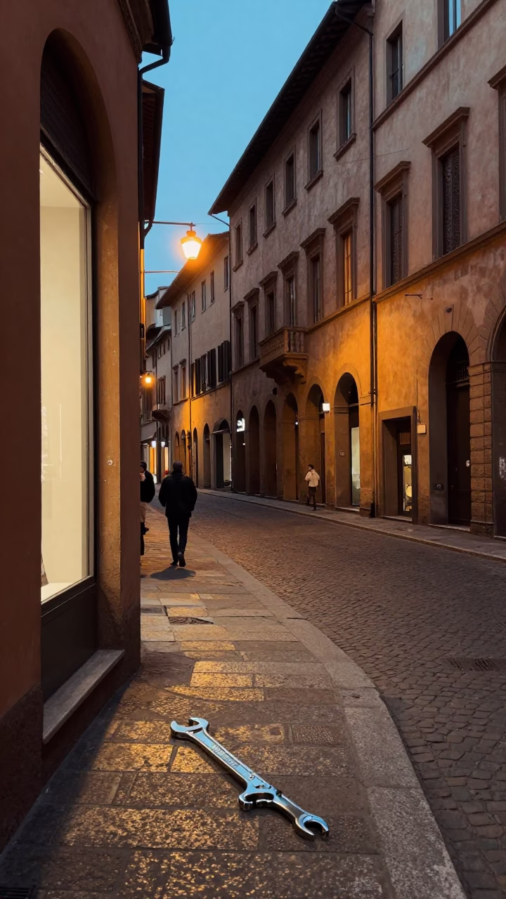 Evening Street Scene in Bologna Italy with Wrench and Window Glass Residue in in Bologna, Italy