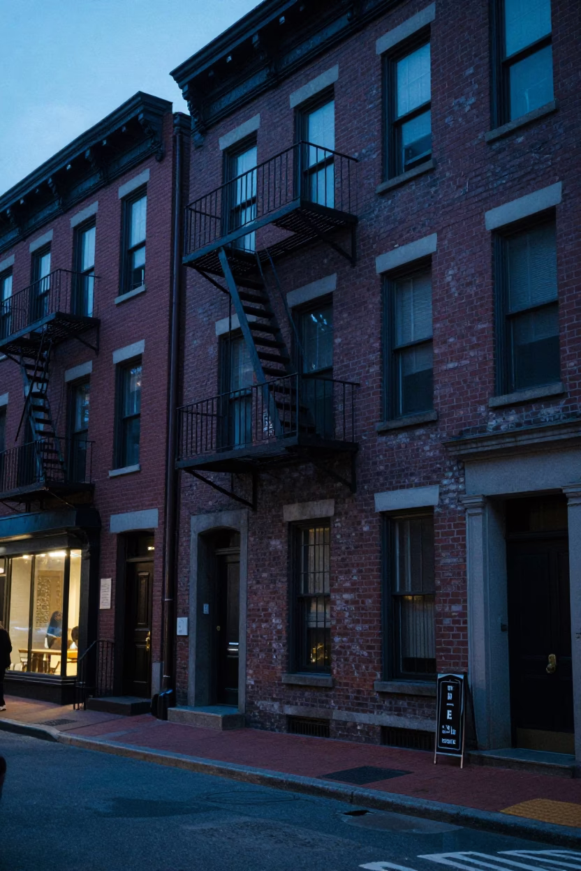 Evening street scene in Boston Massachusetts with brick buildings and blue hour light in in Boston, Massachusetts, United States