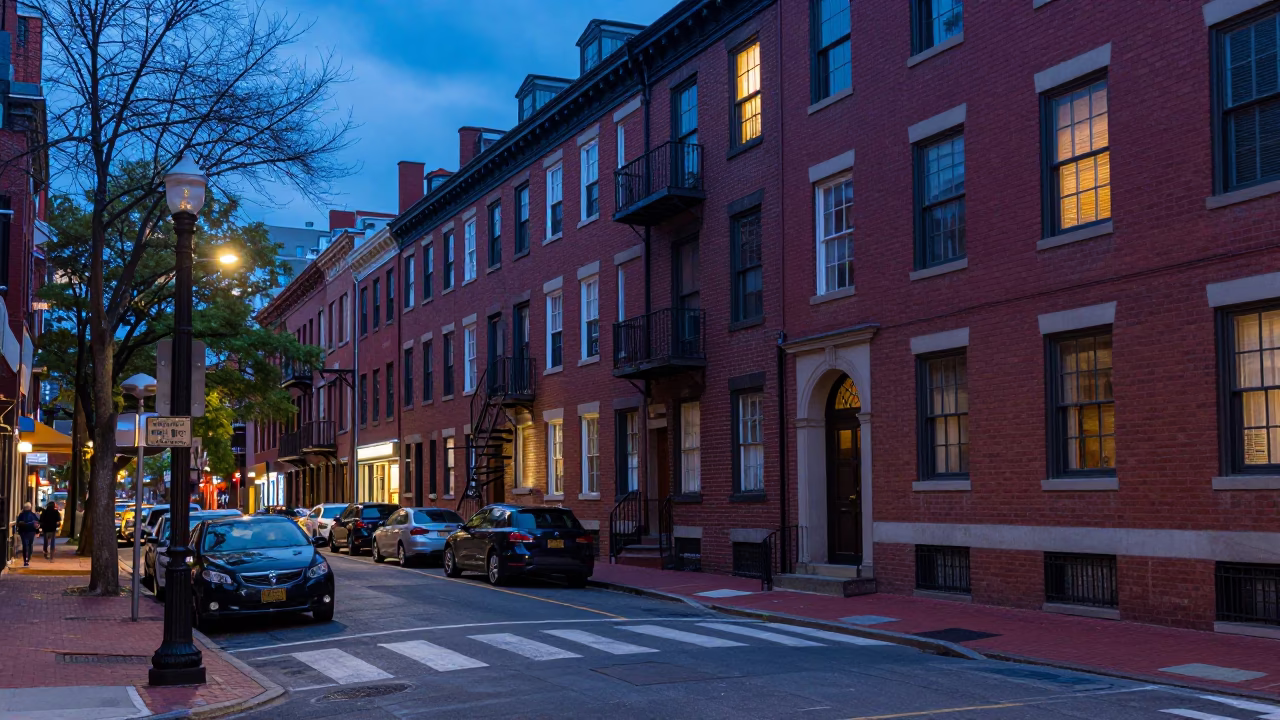 Evening street scene in Boston Massachusetts with brick buildings and twilight ambiance in in Boston, Massachusetts, United States