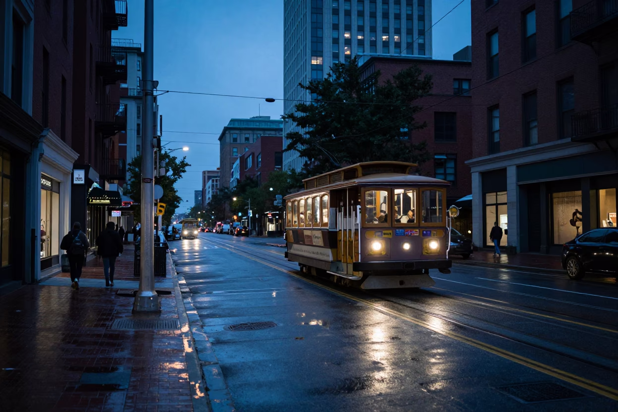 Evening Street Scene in Boston Massachusetts with Cable Car and Urban Details in in Boston, Massachusetts, United States