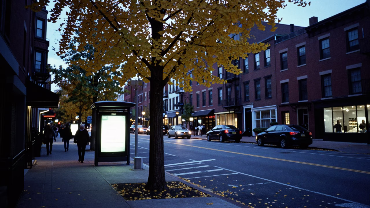 Evening Street Scene in Boston Massachusetts with Ginkgo Tree and Urban Life in in Boston, Massachusetts, United States
