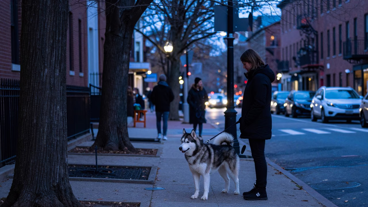 Evening Street Scene in Boston Massachusetts with Larch Trees and Husky Dog in in Boston, Massachusetts, United States
