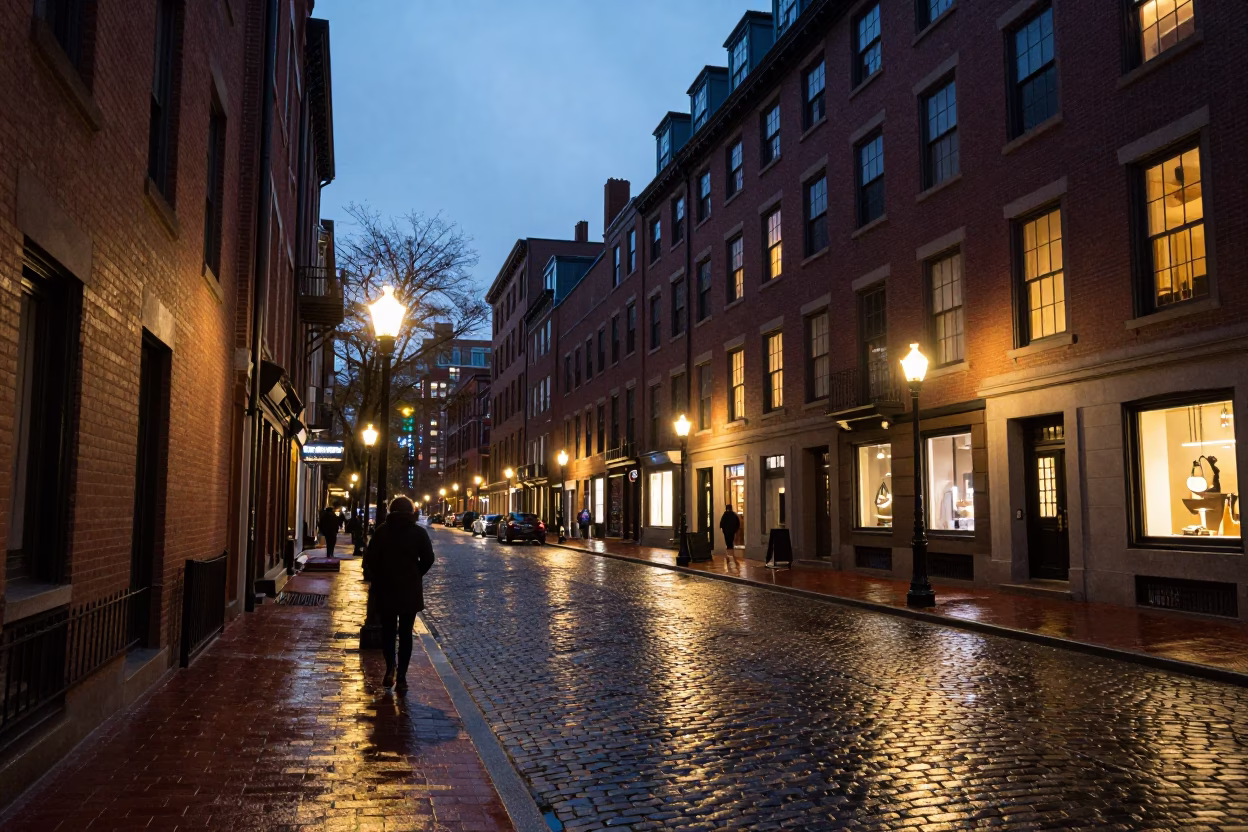 Evening Street Scene in Boston Massachusetts with Lit Windows and City Lights in in Boston, Massachusetts, United States