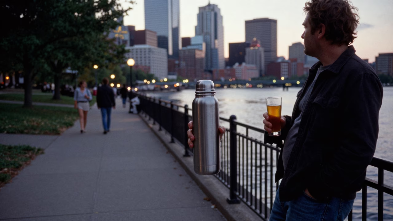 Evening Street Scene in Boston Massachusetts with Thermos and Kombucha in in Boston, Massachusetts, United States