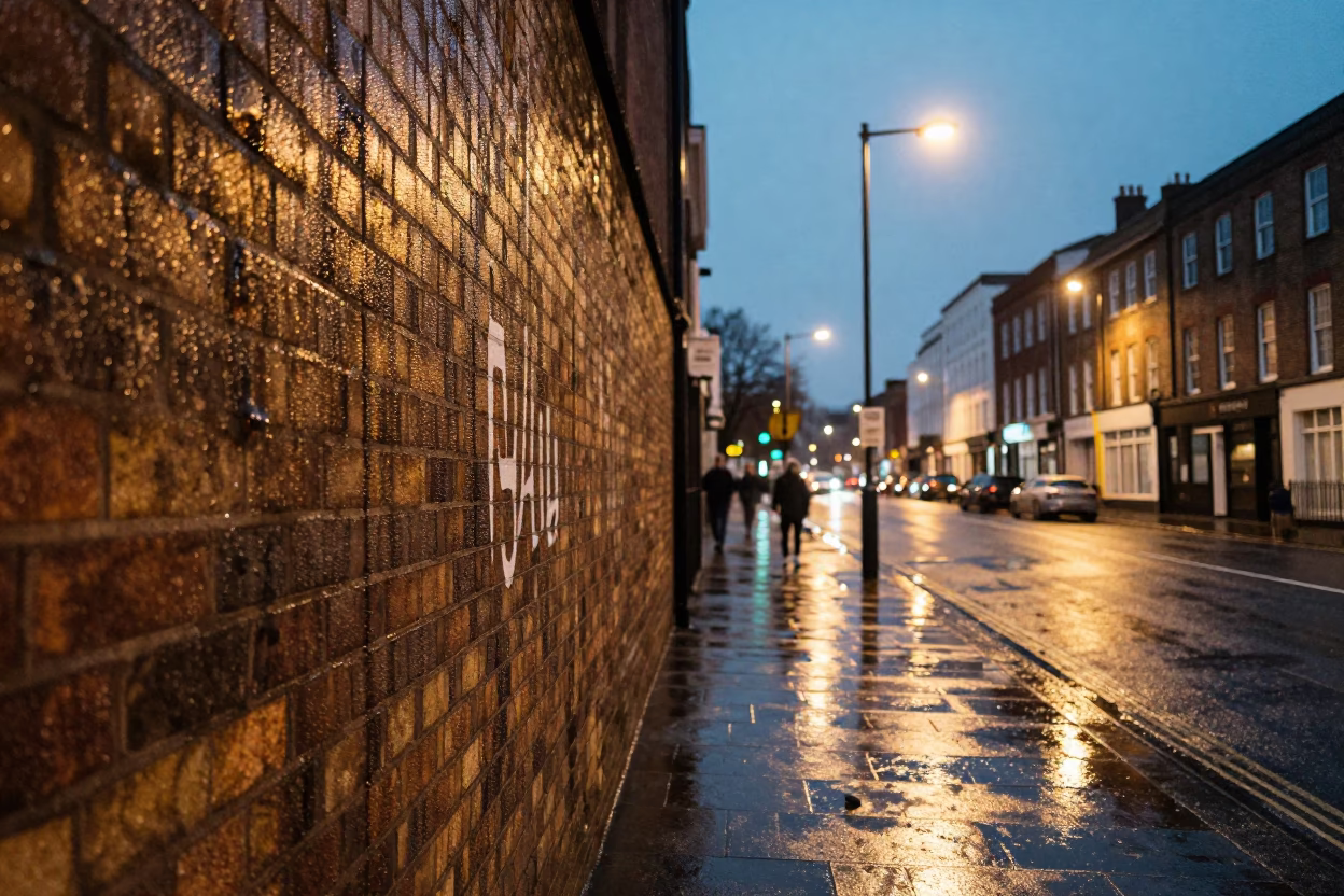 Evening Street Scene in Bristol UK With Condensation On Wall And Local Shopfront Details in in Bristol, United Kingdom
