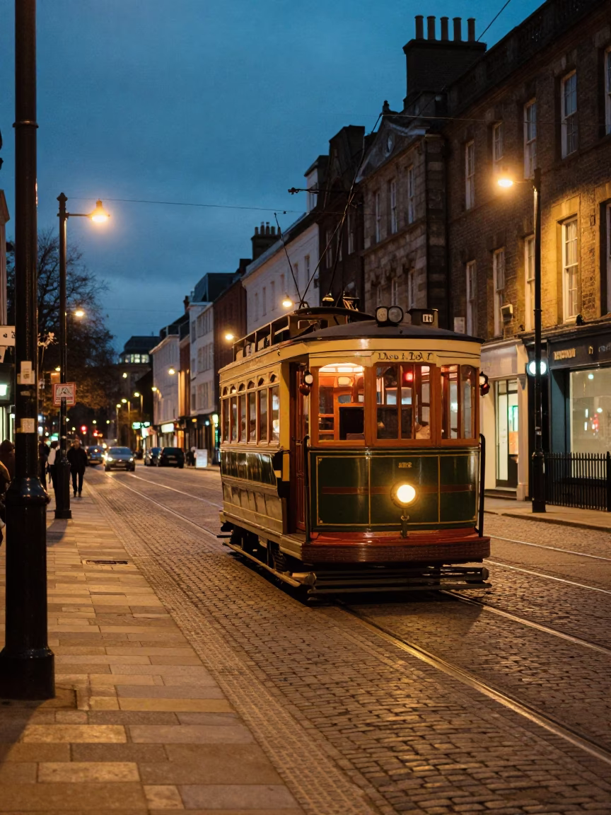 Evening Street Scene in Bristol UK with Heritage Tram and Cobblestone Avenue in in Bristol, United Kingdom