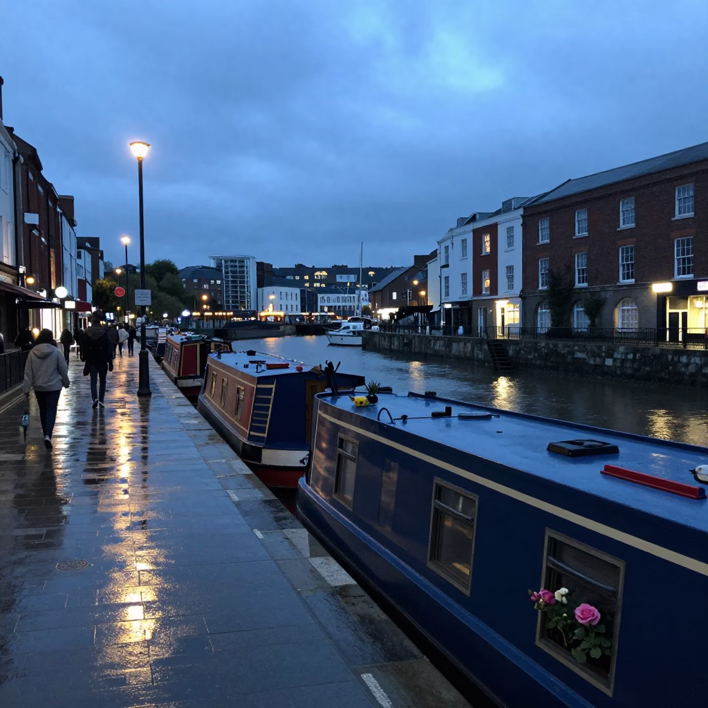 Evening Street Scene in Bristol UK With Narrowboat Roses and Urban Life in in Bristol, United Kingdom