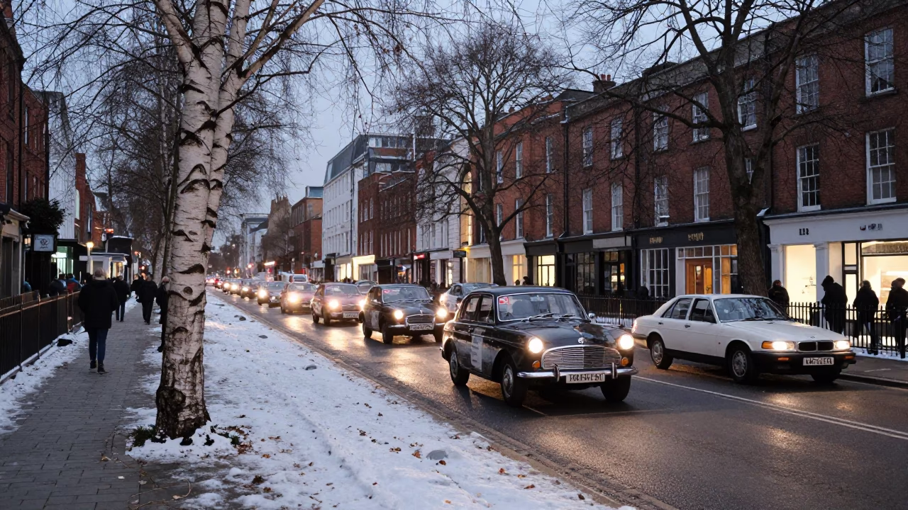 Evening Street Scene in Bristol UK with Vintage Car Rally and Local Life in in Bristol, United Kingdom