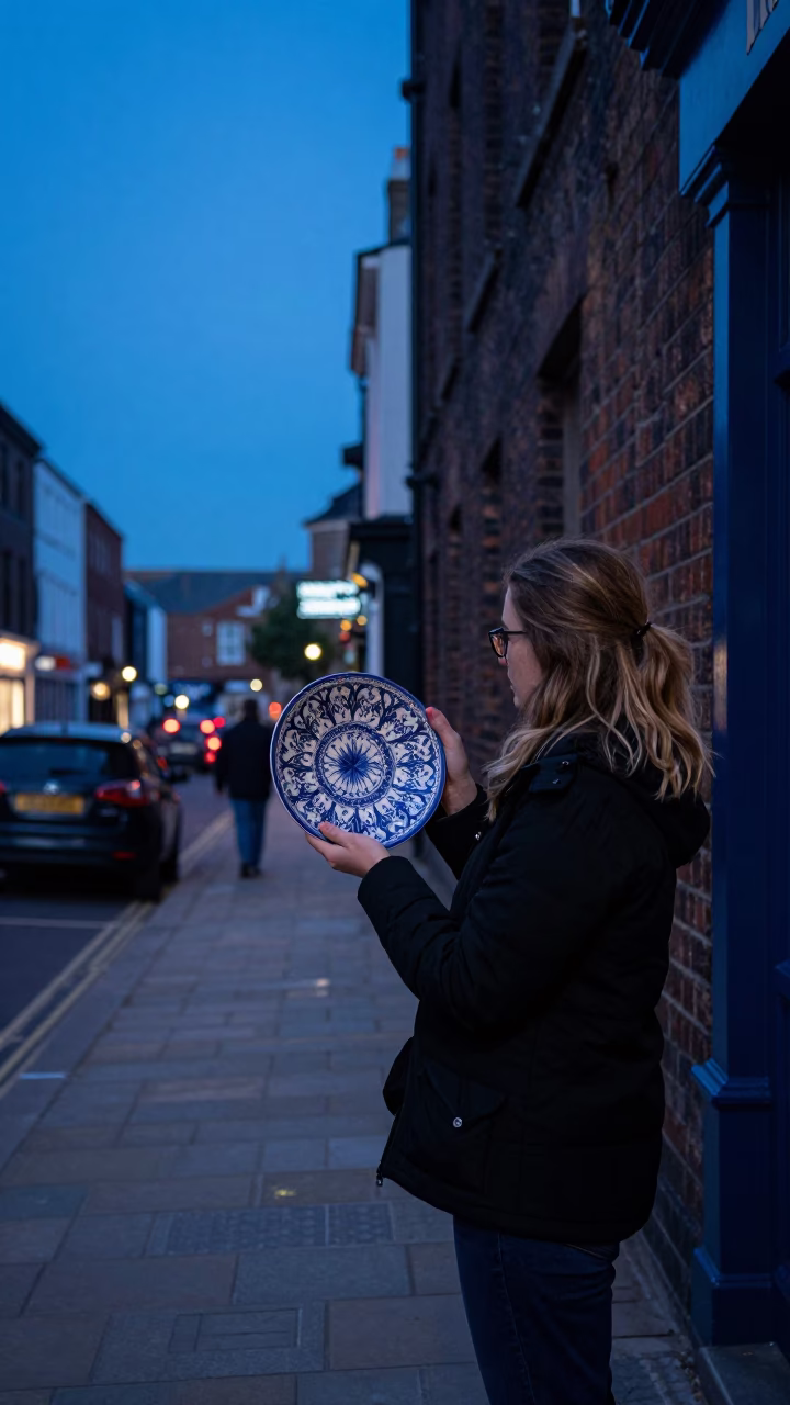 Evening Street Scene in Bristol UK with Vintage Majolica Plate and Houseplant in in Bristol, United Kingdom