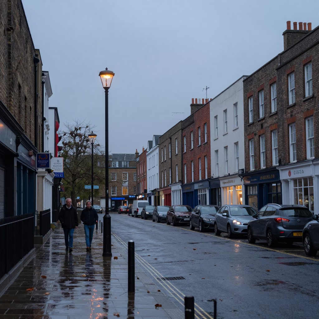 Evening Street Scene in Bristol UK with Wet Leaves and Condensation on Window Glass in in Bristol, United Kingdom