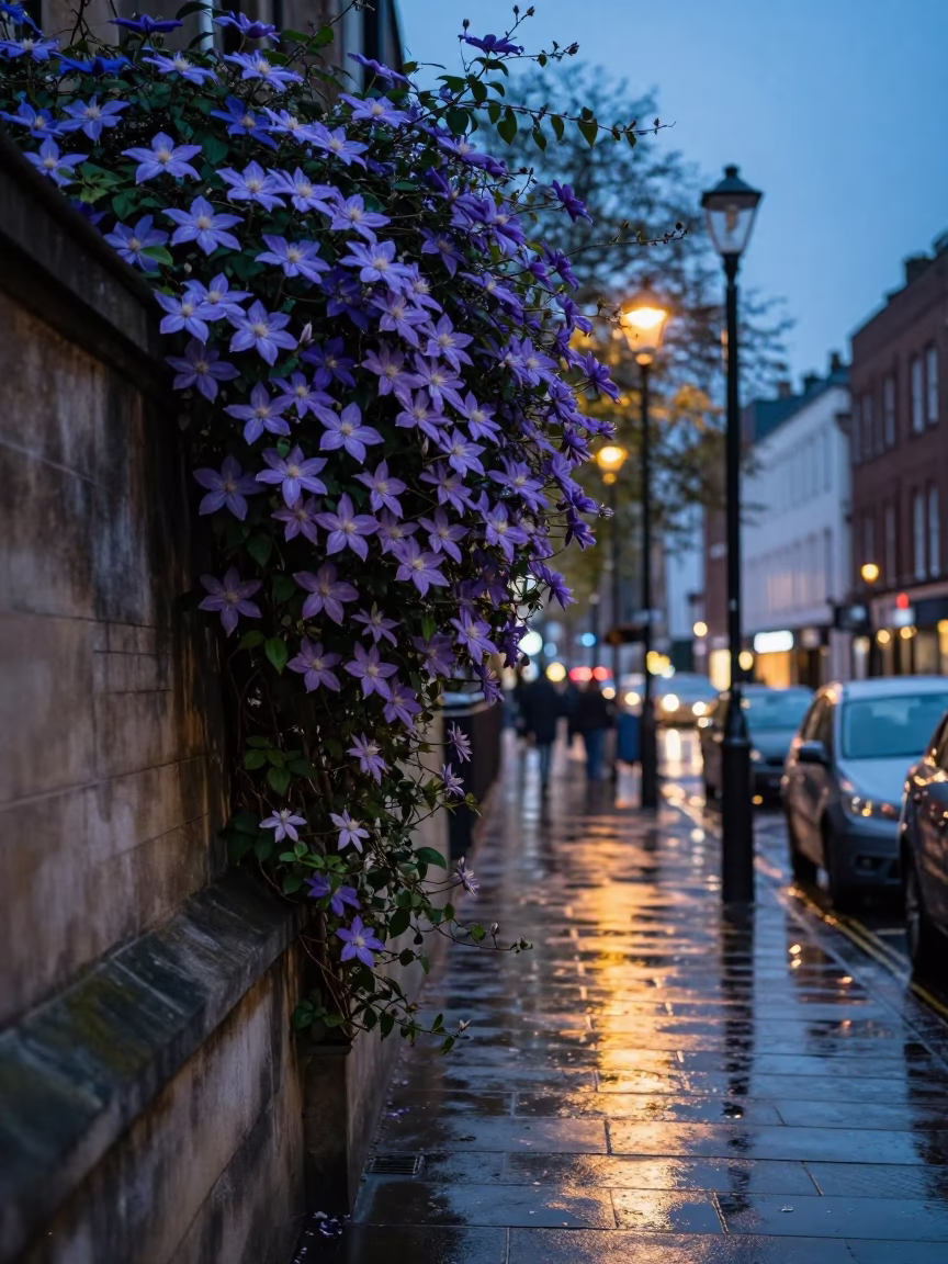 Evening Street Scene in Bristol United Kingdom with Clematis Vine and Urban Details in in Bristol, United Kingdom