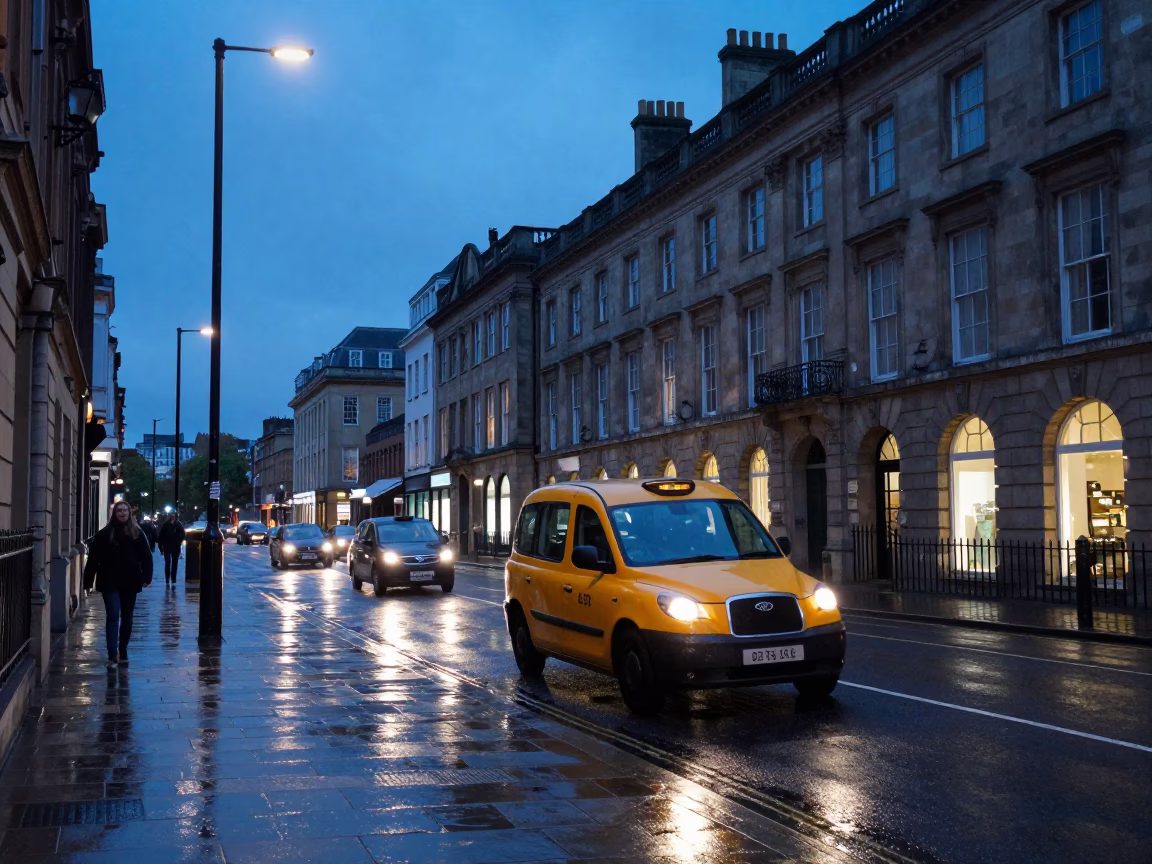 Evening Street Scene in Bristol United Kingdom with Yellow Taxi and Urban Architecture in in Bristol, United Kingdom