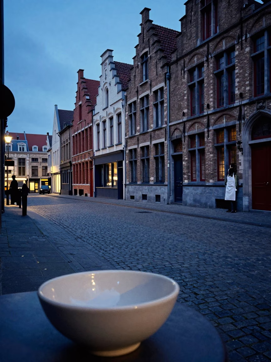Evening Street Scene in Brussels Belgium with Ceramic Bowl and Apron in in Brussels, Belgium