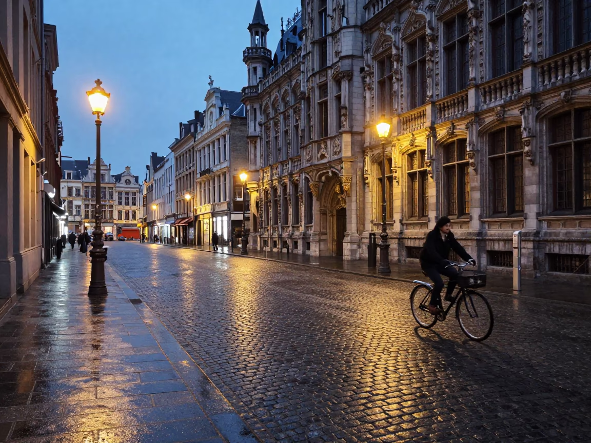 Evening Street Scene in Brussels Belgium with Cobblestones and City Lights in in Brussels, Belgium