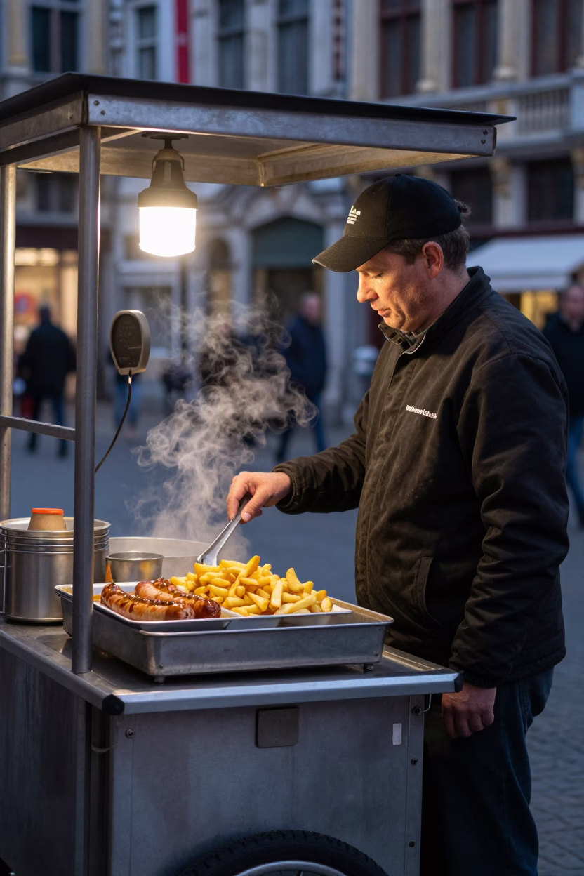 Evening Street Scene in Brussels Belgium with Currywurst and Wrench in in Brussels, Belgium