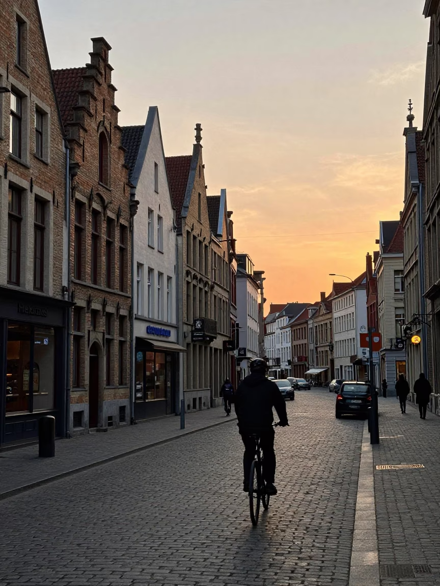 Evening Street Scene in Brussels Belgium with Cyclist and Urban Details in in Brussels, Belgium