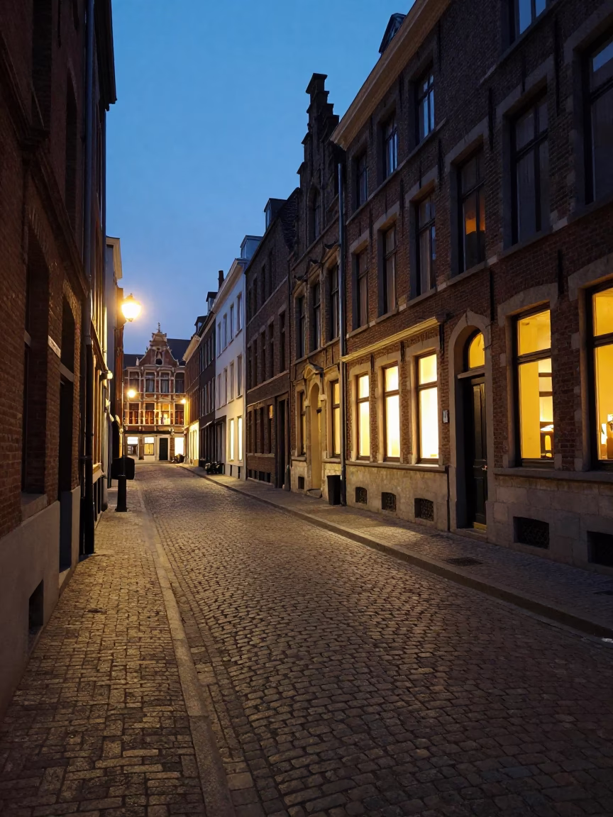 Evening Street Scene in Brussels Belgium with Glass Light Reflections and City Lights in in Brussels, Belgium